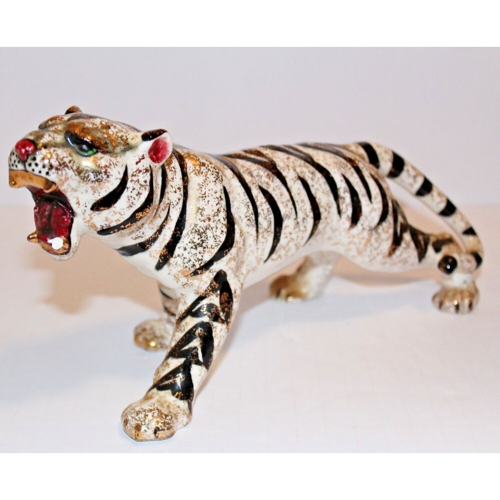 Vintage Ceramic White Tiger Figurine Roaring Gold Fleck Black Stripes 10"